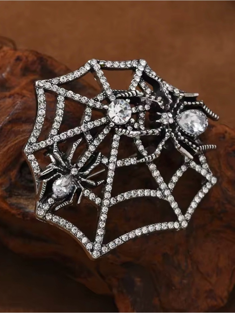 Crystal Spider Web Brooch - Black and Clear Rhinestones